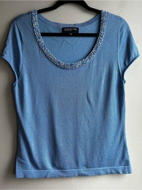 Jones New York Light Blue Beaded Scoop Neck Short Sleeve Top